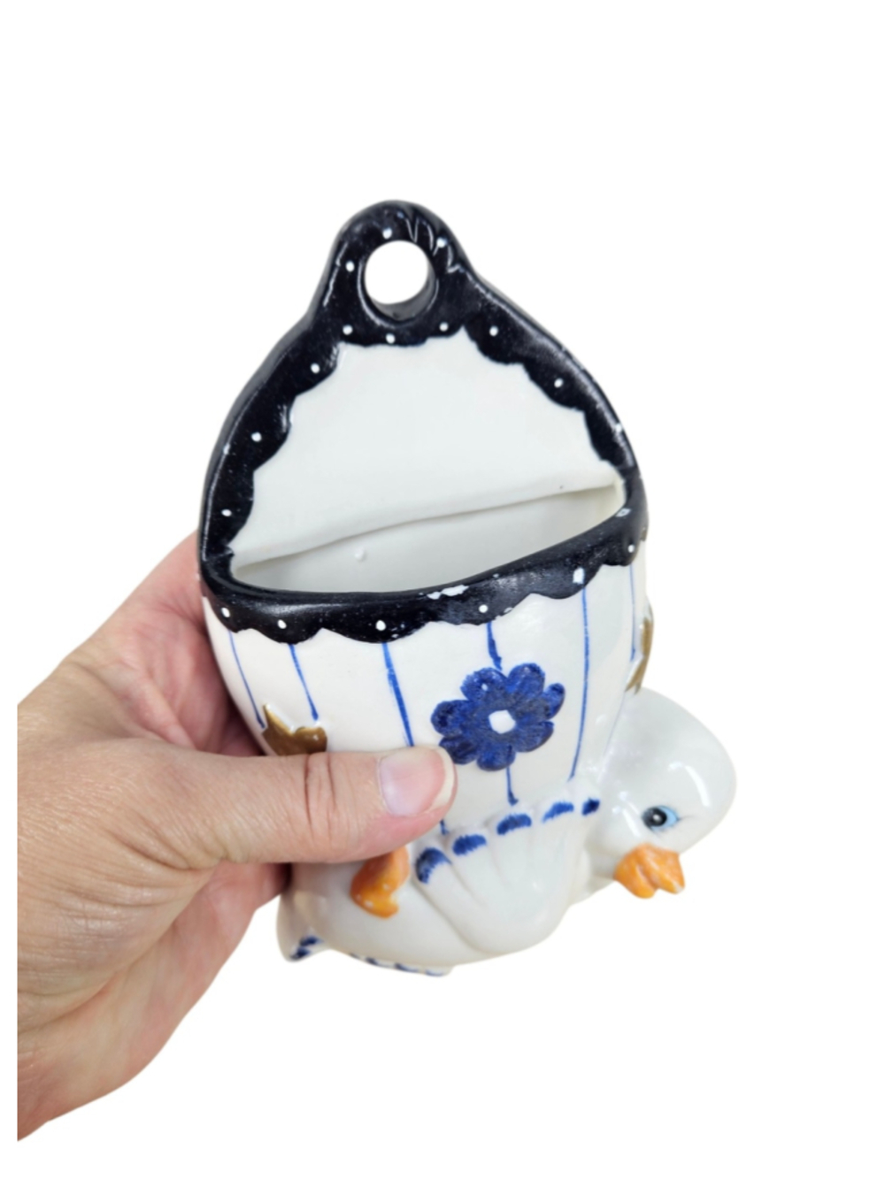 Vintage Style Blue & White Duckling Wall Pocket Ceramic Nursery Planter - Picture 6 of 8